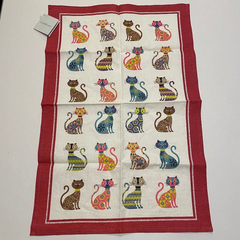 NWT 100% Linen Tea Towel - Groovy Cats